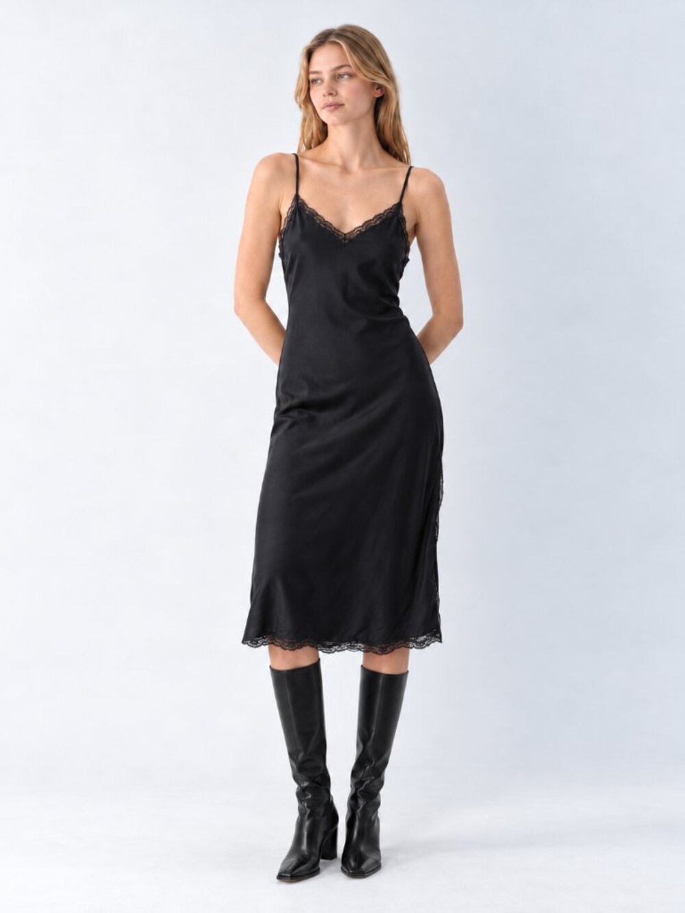 Wilfred Aritzia Womens S Black Slip Dress Lace Trim Satin Coquette Minimalist